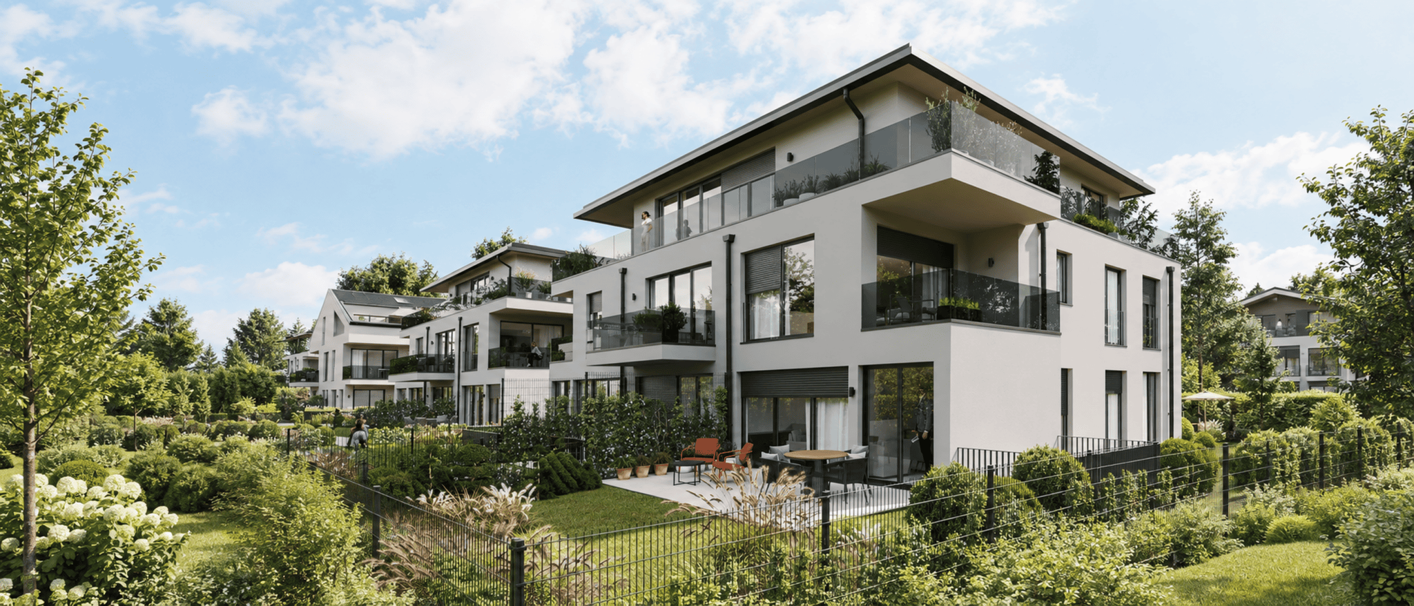 Neubauprojekt Friedenspromenade 14 in München-Waldtrudering – Außenansicht der Wohnanlage mit Gartenanlage